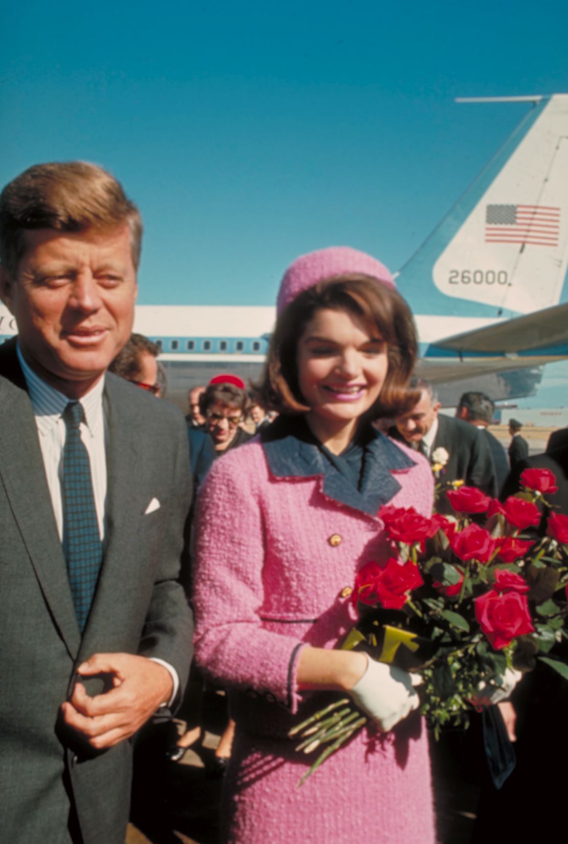 President John F. Kennedy and his wife Jackie on November 22, 1963,  just after their arrival at the airport for the fateful drive through Dallas.