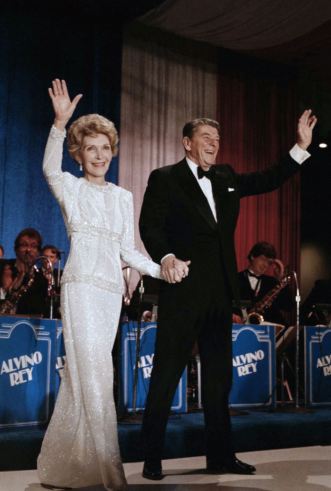 Nancy and Ronald Reagan arrive at the inaugural ball in the Washington Hilton on January 21, 1985.