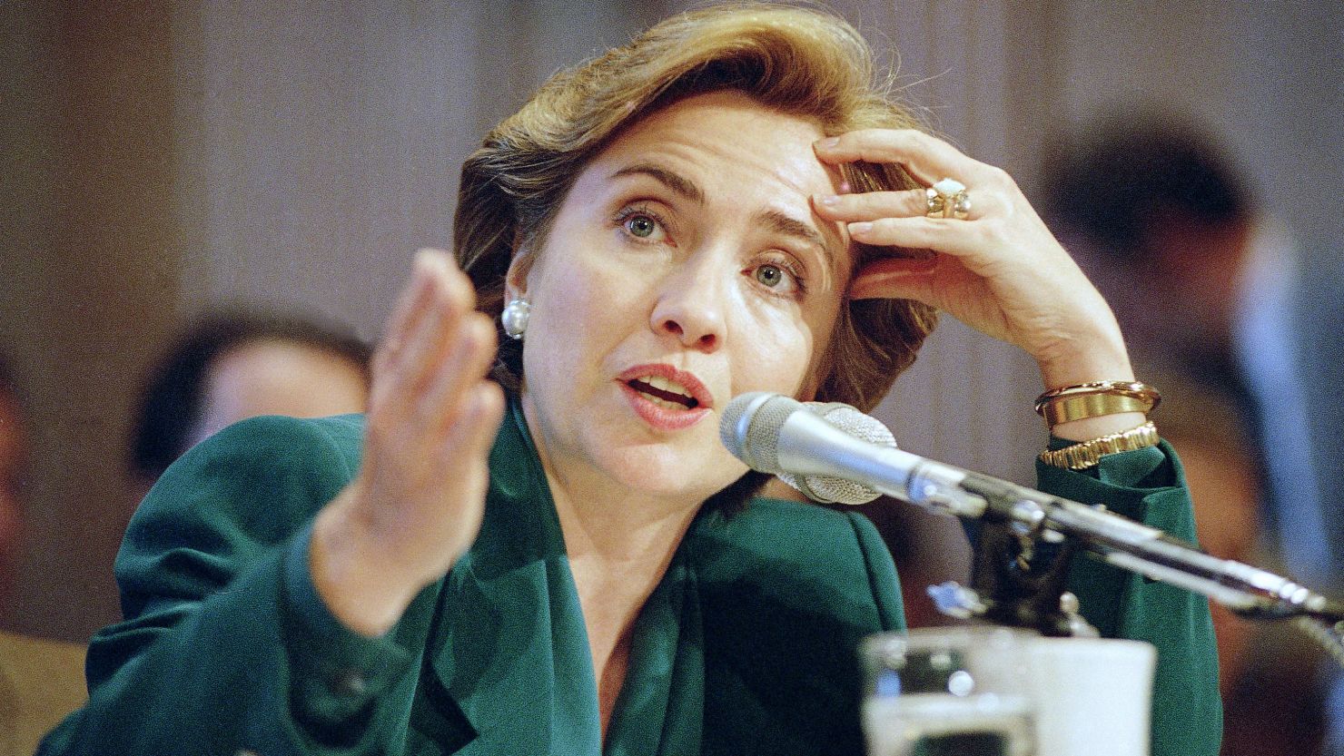 First Lady Hillary Rodham Clinton gestures while testifying on Capitol Hill in Washington Thursday, Sept. 30, 1993, before the Senate Finance Committee which was holding hearings on health care reform. (AP Photo/John Duricka)