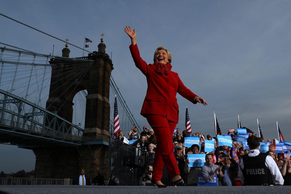 Hillary Clinton greets supporters during a rally in Cincinnati, Ohio, for her 2016 presidential run.