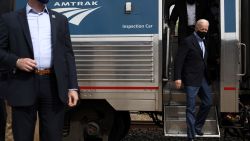Democratic presidential nominee Joe Biden disembarks at a campaign stop at Alliance Amtrak Station September 30, 2020 in Alliance, Ohio. Biden was on a day-long rail trip across Ohio and Pennsylvania following last night's debate with President Donald Trump.