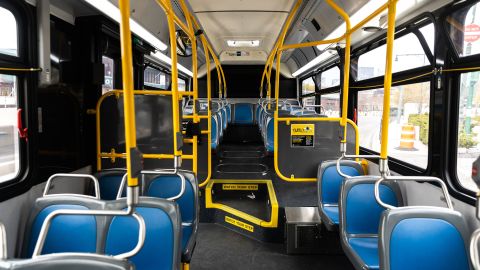 Empty seats are seen inside a city bus in New York City.