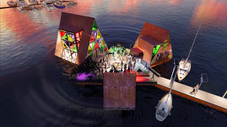 <strong>Floating Music Hub, São Vincente, Cape Verde --</strong> The three structures will house a live performance hall, a recording studio and a bar, connected by a floating plaza. It's the first time an MFS structure has been built in the Atlantic Ocean and will be completed later this year, says NLÉ.
