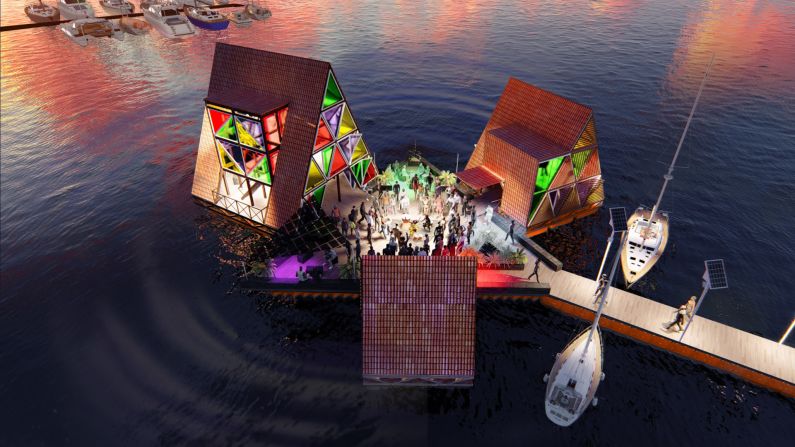 <strong>Floating Music Hub, S?o Vincente, Cape Verde --</strong> The three structures will house a live performance hall, a recording studio and a bar, connected by a floating plaza. It's the first time an MFS structure has been built in the Atlantic Ocean and will be completed later this year, says NLé.