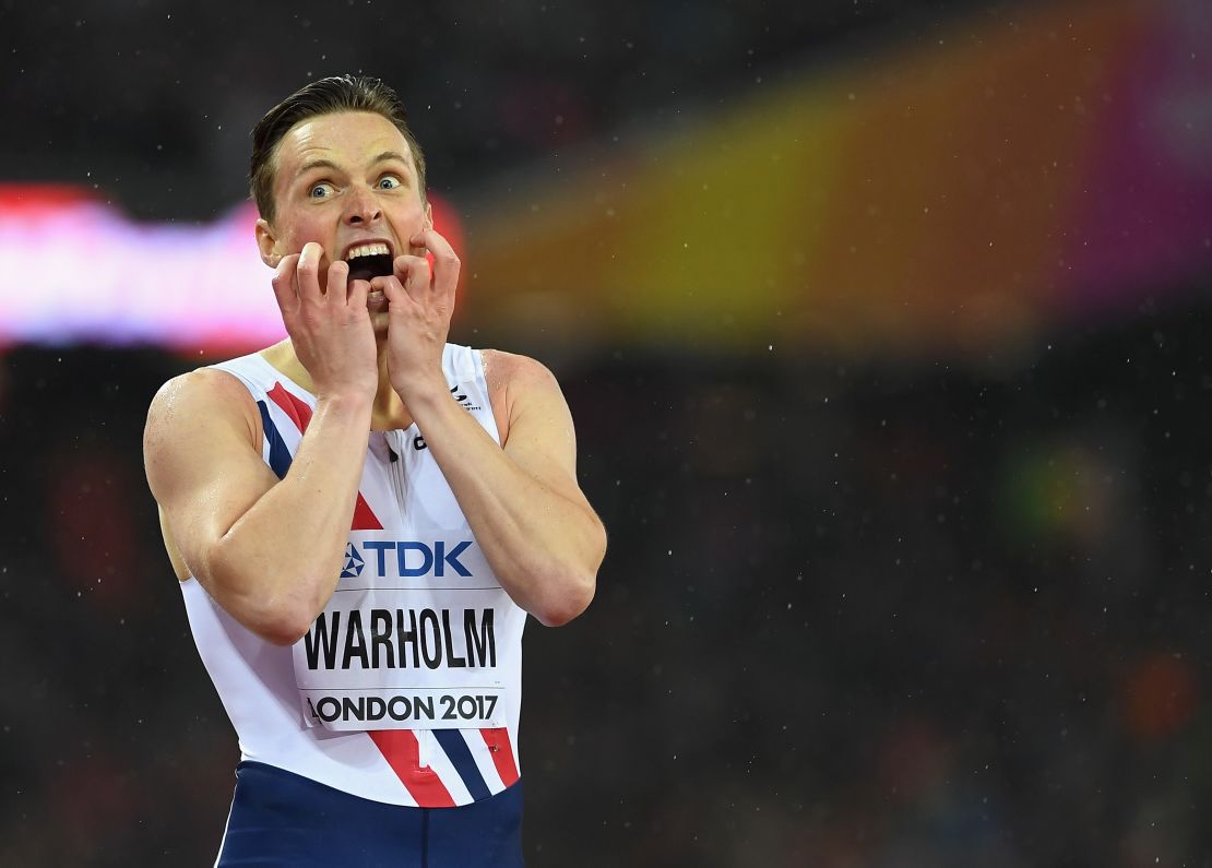 Warholm reacts in disbelief after winning world championship gold in London, UK, in 2017. 