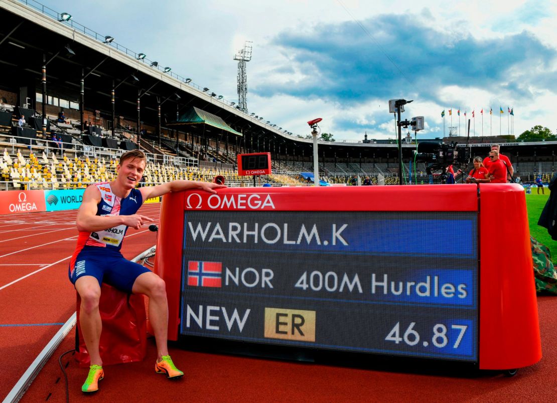 Warholm celebrates a new European record during the Diamond League meet in Stockholm, Sweden, in August.