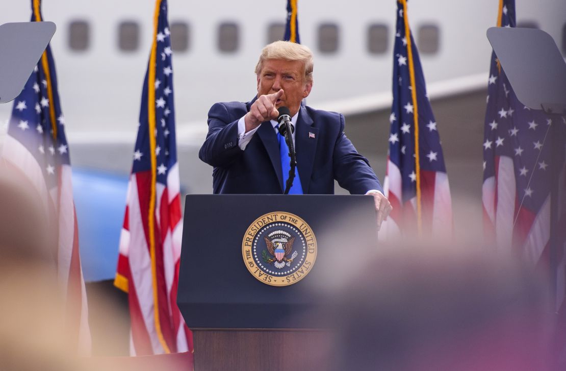 President Donald Trump makes remarks about the media during a Make America Great Again rally at the Pitt-Greenville Airport on October 15, 2020 in Greenville, North Carolina.