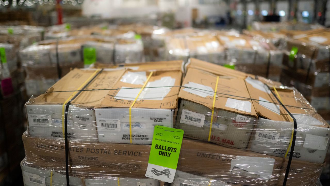 PORTLAND, OR - OCTOBER 14: Pallets filled with Washington and Oregon mail-in ballots fill an unloading area at a U.S. Postal Service (USPS) processing and distribution center on October 14, 2020 in Portland, Oregon. USPS workers in Portland began processing and mailing about 1.5 million ballots this week ahead of the November election.  (Photo by Nathan Howard/Getty Images)