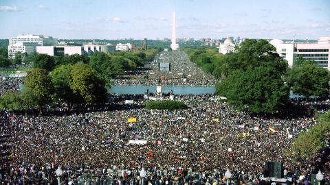 This photograph taken from the US Capitol Building shows thousands of people gathered on the Mall during the "Million Man March" in Washington D.C., on October 16, 1995. 