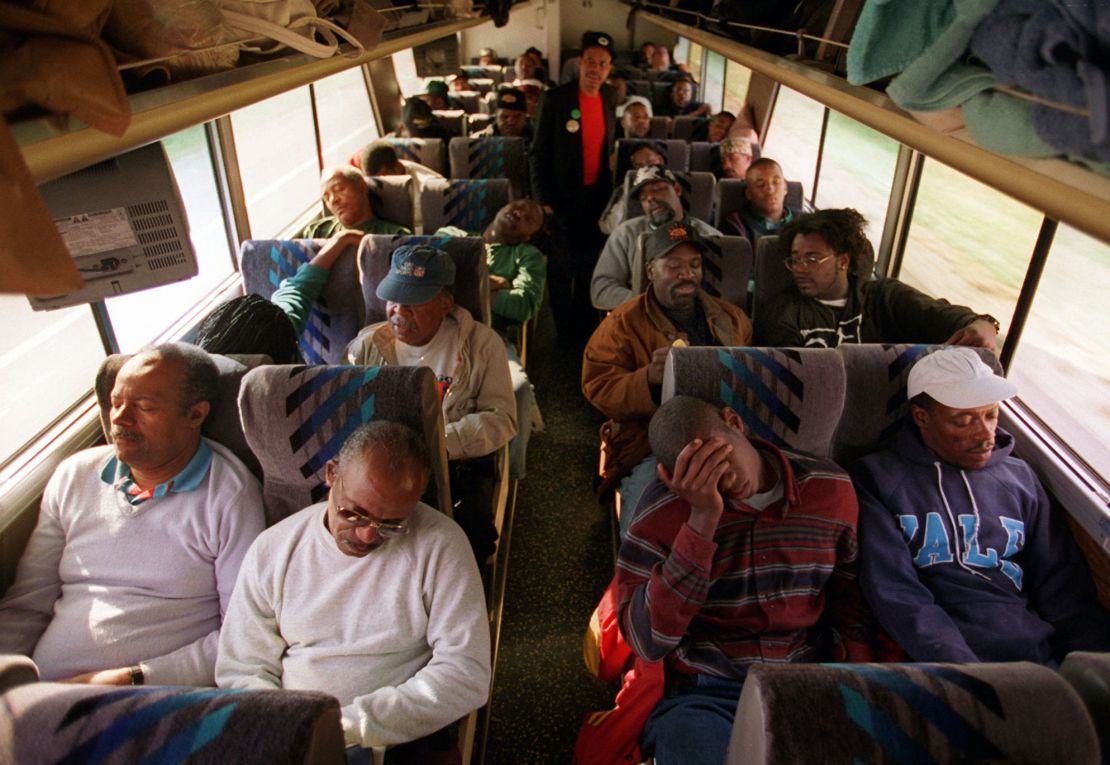 Black men from the Chicago area make their way toward Washington Sunday, Oct. 15, 1995, via bus to participate in the Million Man March Monday. 