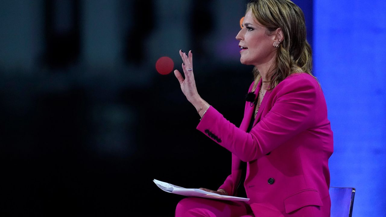 Moderator Savannah Guthrie speaks during an NBC News Town Hall with President Donald Trump at Perez Art Museum Miami, Thursday, Oct. 15, 2020, in Miami. (AP Photo/Evan Vucci)