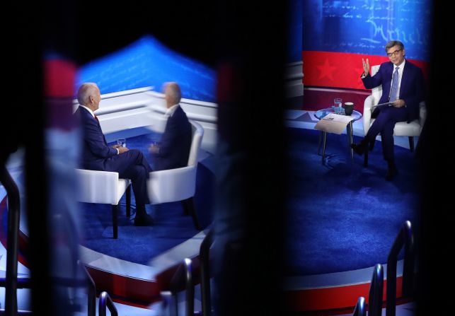 Biden sits across from ABC News' George Stephanopoulos before the start of his<a href="index.php?page=&url=https%3A%2F%2Fwww.cnn.com%2F2020%2F10%2F15%2Fpolitics%2Fgallery%2Ftrump-biden-dueling-town-halls%2Findex.html" target="_blank"> town hall event</a> in Philadelphia on October 15. Biden and Trump were originally scheduled to meet face to face and take questions from voters in a town-hall setting. Instead, they held <a href="index.php?page=&url=https%3A%2F%2Fwww.cnn.com%2F2020%2F10%2F15%2Fpolitics%2Fnbc-abc-dueling-town-halls%2Findex.html" target="_blank">separate town halls.</a> The change came about after Trump was diagnosed with the coronavirus earlier this month. The Commission on Presidential Debates proposed a virtual debate, but Trump refused to take part and Biden went ahead with plans for his own town hall. Trump's campaign later arranged its own town hall — on a different network, during the same hour.