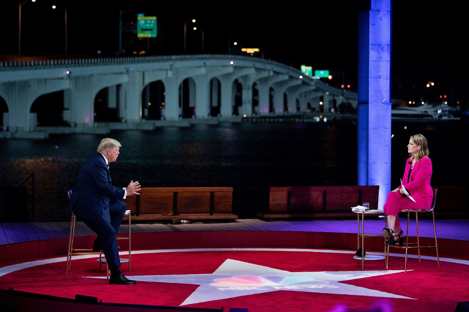 Trump speaks to NBC News' Savannah Guthrie at his town-hall event in Miami in October 2020. Trump and Biden held <a href="index.php?page=&url=https%3A%2F%2Fwww.cnn.com%2F2020%2F10%2F15%2Fpolitics%2Fnbc-abc-dueling-town-halls%2Findex.html" target="_blank">separate town halls</a> instead of debating each other in a town-hall format. The schedule change came about after Trump was diagnosed with the coronavirus. The Commission on Presidential Debates proposed a virtual debate, but Trump refused to take part and Biden went ahead with plans for his own town hall. Trump's campaign later arranged its own town hall — on a different network, during the same hour.