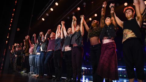 The cast poses during the curtain call of "Jagged Little Pill" in 2019. The show is nominated for 15 Tony Awards.