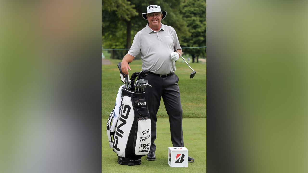 Kirk Triplett poses with his golf bag, along with the Black Lives Matter sticker.