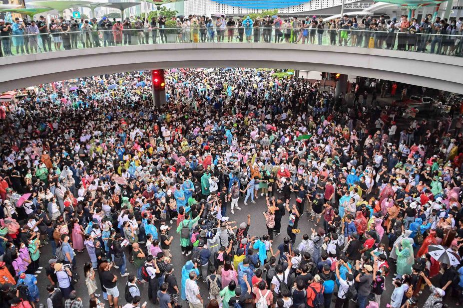 Activists for democracy gather at a main intersection during an anti-government rally in Bangkok, on October 16.