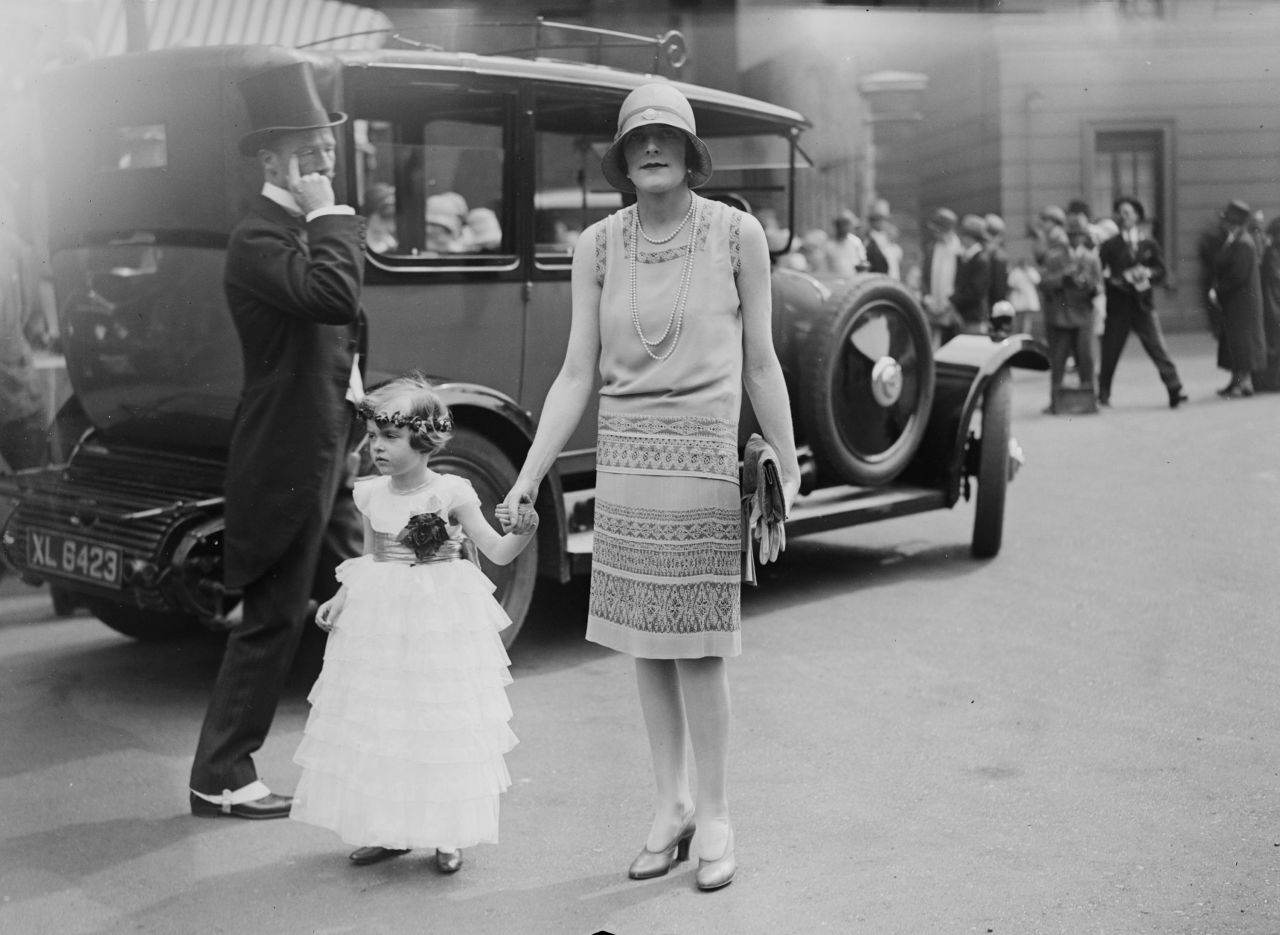 Lady Edwina Mountbatten is pictured with her young daughter Patricia at a wedding in July 1928.