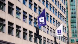 OCTOBER 6 2020: New York University banners hang on 370 Jay Street in Downtown Brooklyn, where NYU has renovated the building to create a new academic center