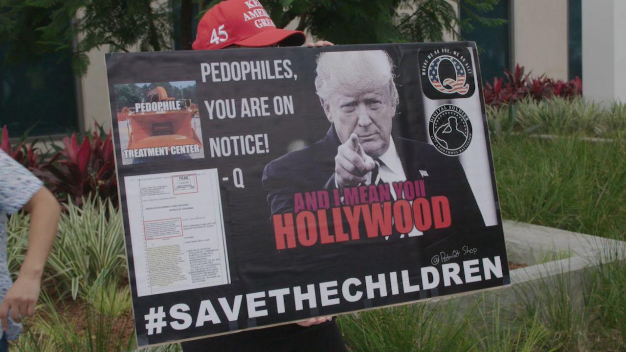 A sign brought by a QAnon supporter to a demonstration in Los Angeles on October 10. 