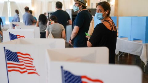 People wait in line to vote in Georgia's Primary Election on June 9 in Atlanta.