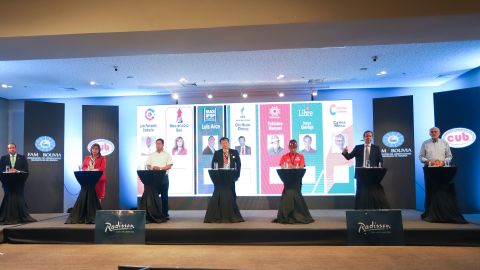 Bolivian presidential candidates pictured during a debate. From left to right: Luis Fernando Camacho, Maria Baya, Luis Arce, Chi Hyun Chung, Feliciano Mamani, Jorge Tuto Quiroga of and Carlos Mesa.
