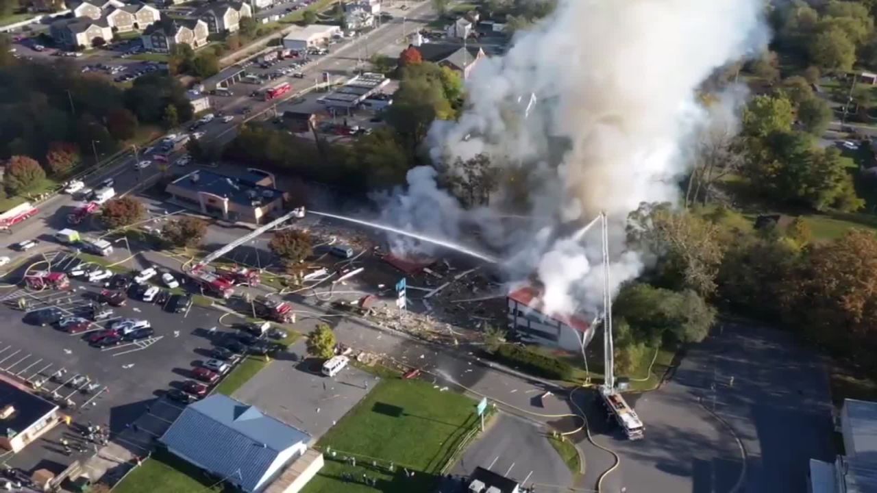 An aerial view after the blast shows fire crews at work.