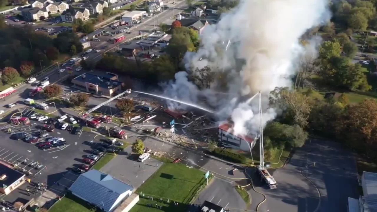 An aerial view after the blast shows fire crews at work.