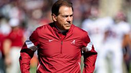 FAYETTEVILLE, AR - NOVEMBER 9:   Head Coach Nick Saban of the Alabama Crimson Tide on the field watching his team warm up before a game against the Mississippi State Bulldogs at Davis Wade Stadium on November 16, 2019 in Starkville, Mississippi.  The Crimson Tide defeated the Bulldogs 38-7.  (Photo by Wesley Hitt/Getty Images)