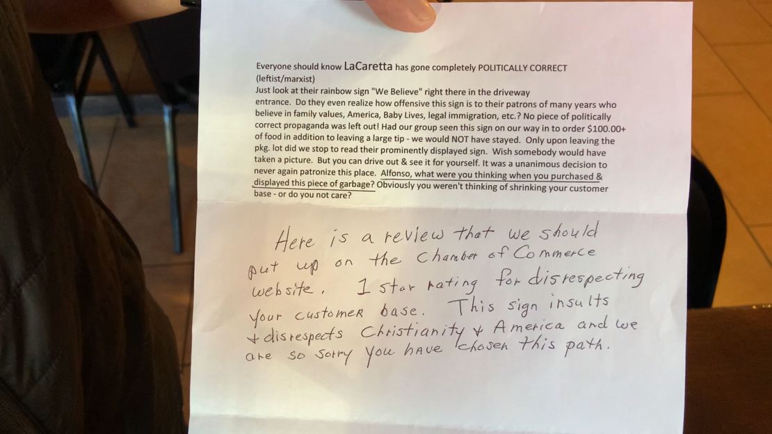 The anonymous letter a customer sent to La Carreta owner Alfonso Medina that led to the "No Love, No Tacos" slogan.