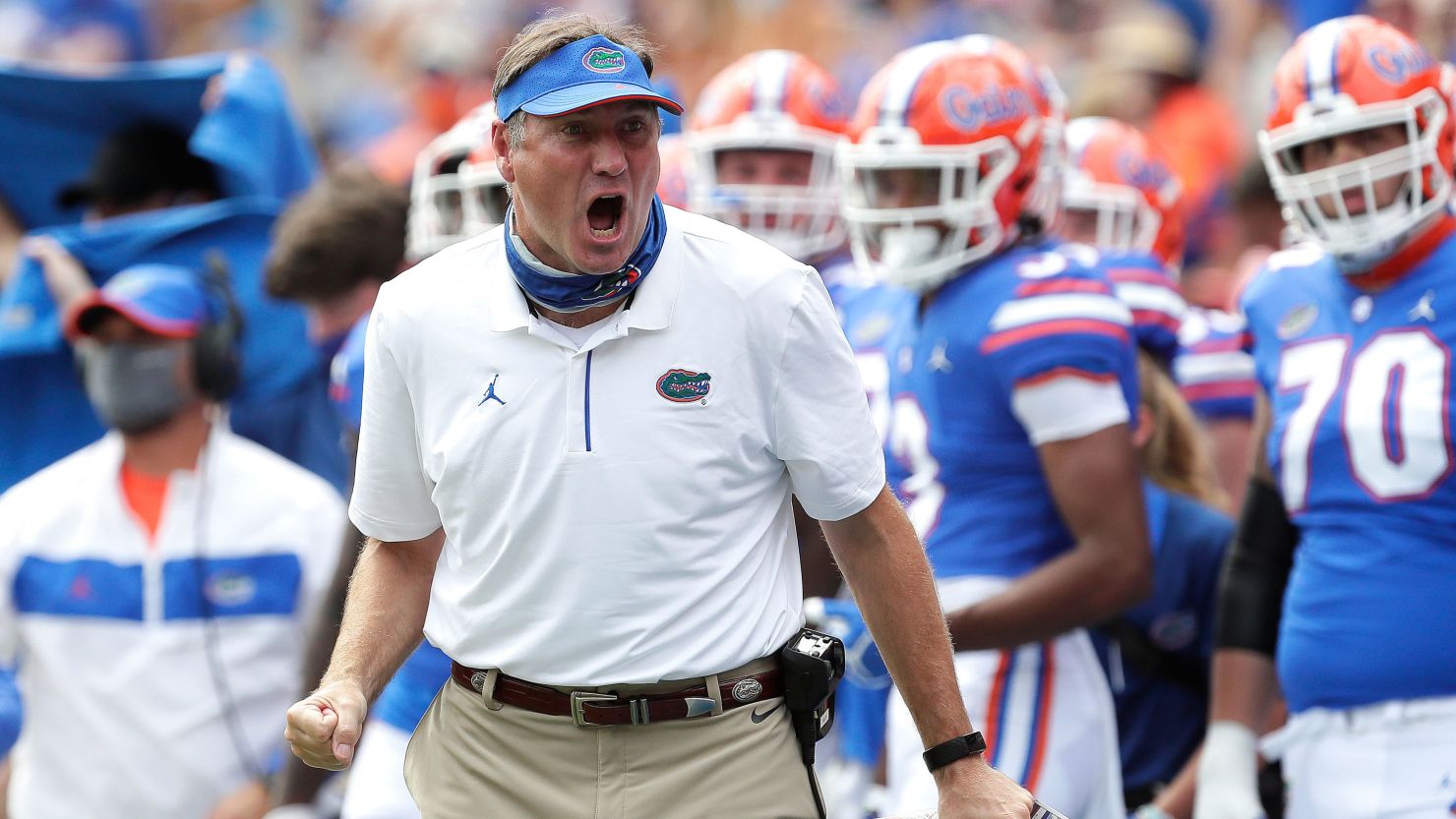 Florida head coach Dan Mullen yells to a referee about a call during an NCAA college football game against South Carolina in Gainesville, Florida, on Saturday, October 3.