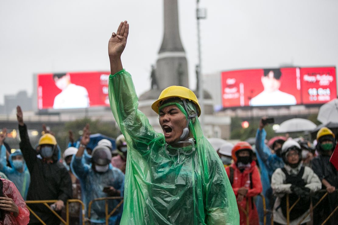 Protesters attend a rally on October 18, 2020 in Bangkok, Thailand. 