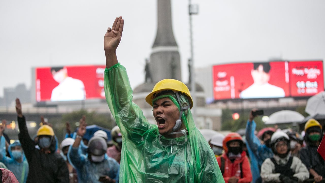 Protesters attend a rally on October 18, 2020 in Bangkok, Thailand.
