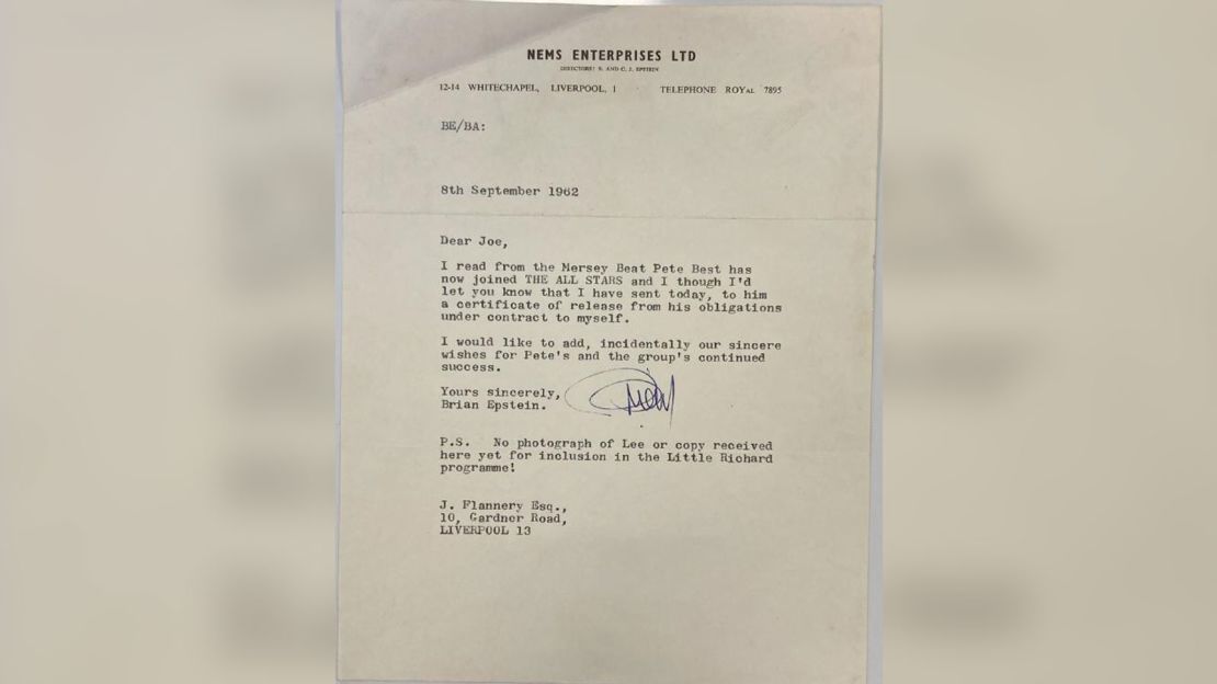 The letter was sent following Best's ousting from The Beatles.