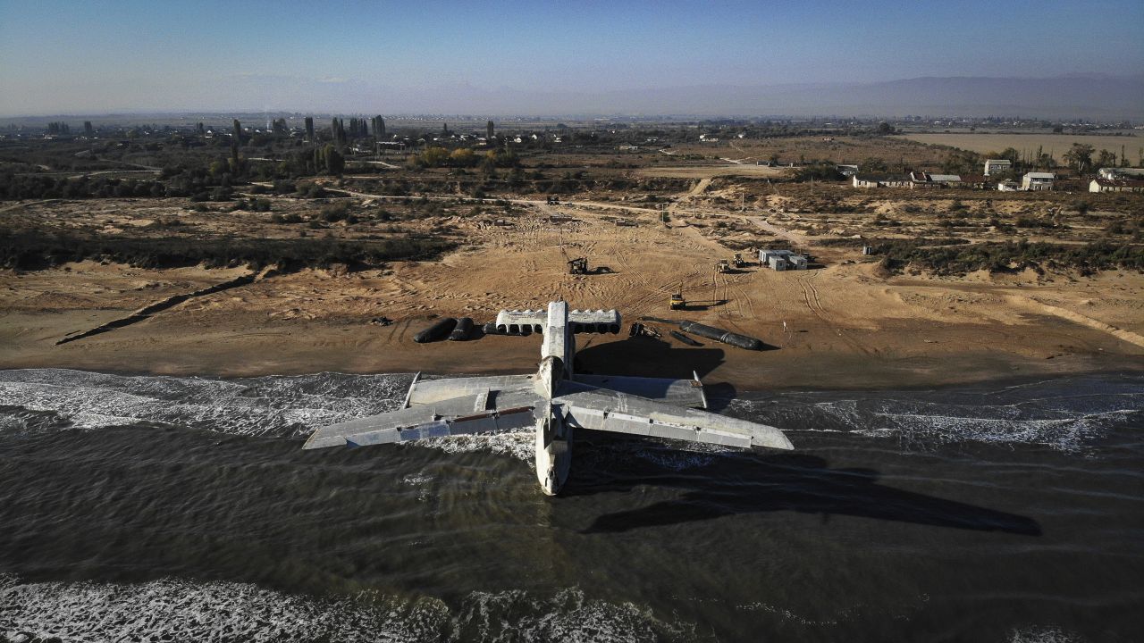 <strong>On the beach:</strong> The ekranoplan has been moved to a beach near Derbent in the Dagestan region where it'll form the centerpiece of a new park. 