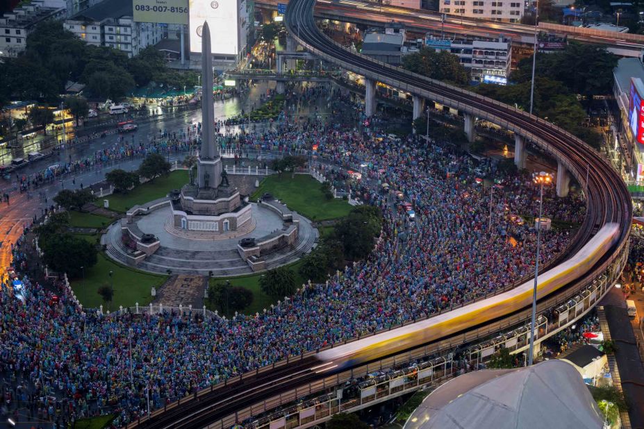 Pro-democracy demonstrators attend an anti-government protest in Bangkok on October 18.