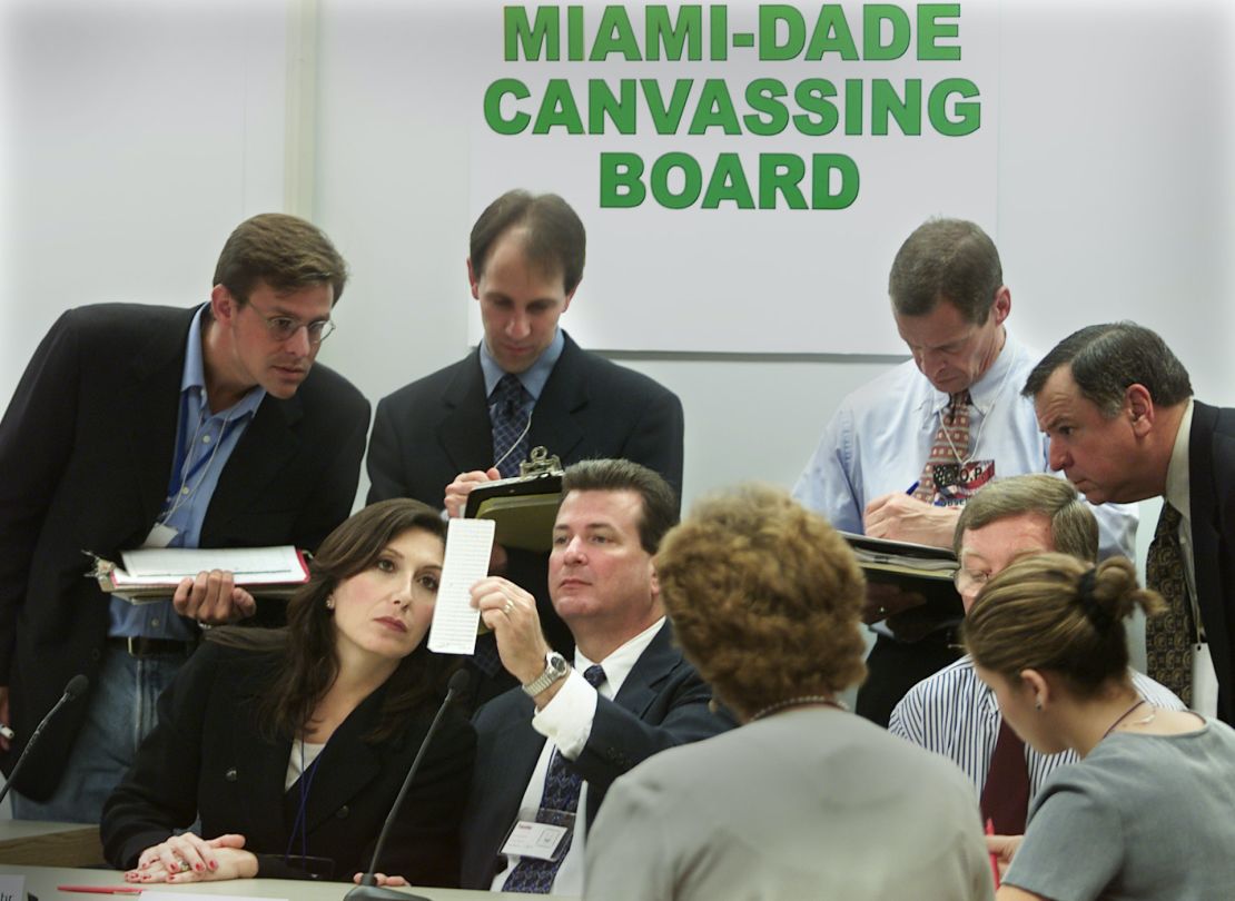 The Miami--Dade Canvassing Board and attorneys reviewing ballots during the 2000 Florida recount. (Mark Boster/Los Angeles Times via of Getty Images/Courtesy of HBO)