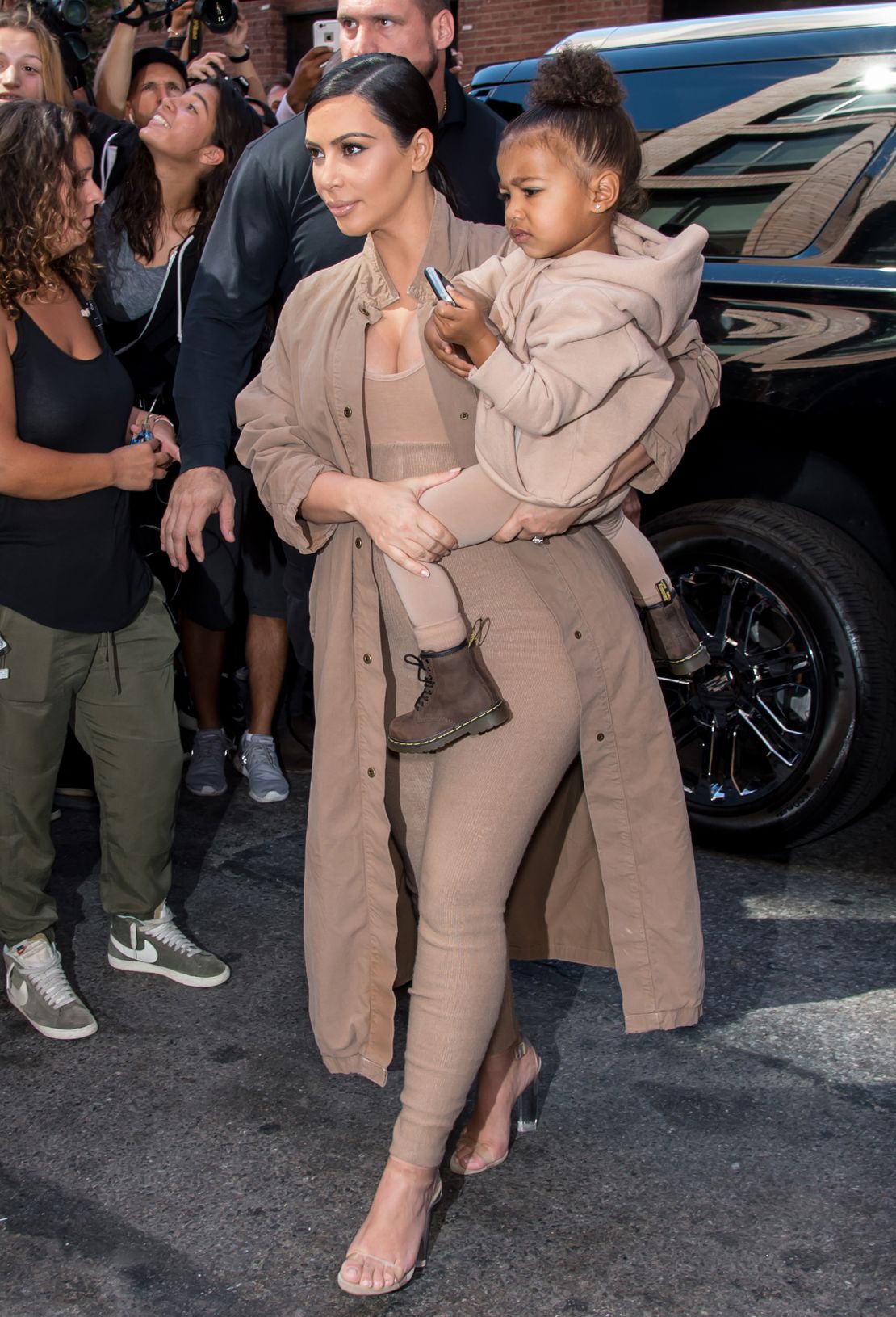Kim Kardashian West in the Jogging Pant and Bodysuit for Fashion Week