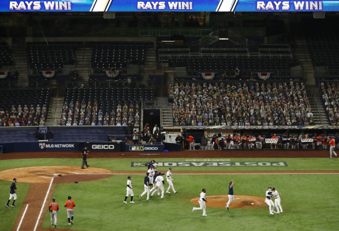 The Tampa Bay Rays celebrate beating the Houston Astros.