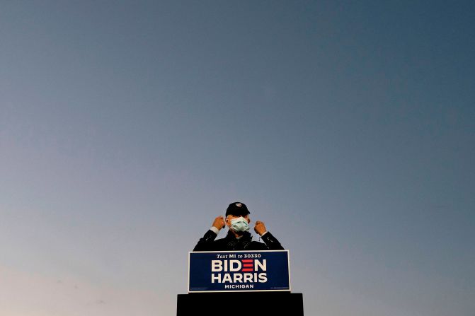 Biden speaks at the Michigan State Fairgrounds in Detroit on October 16.