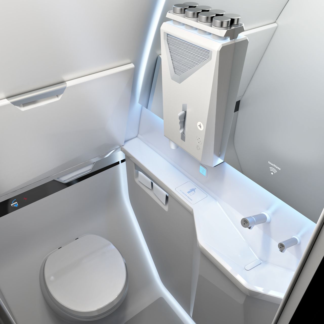 The Covid-19 pandemic has accelerated the need for <a href="https://edition.cnn.com/travel/article/no-touch-airplane-cabins-airports-covid-19/index.html" target="_blank">touchless technology</a>. Diehl Aviation, an aircraft interiors and solutions company, has designed a <a href="https://www.highlights-diehlaviation.com/en/fly-again-together/future-hygiene-solutions/touchless-lavatory/" target="_blank" target="_blank">touchless lavatory</a>, using highly sensitive sensors across all toilet functions. The door lock, the toilet lid, the flush, the taps, and the waste bin flap are all controlled hands-free. <br />