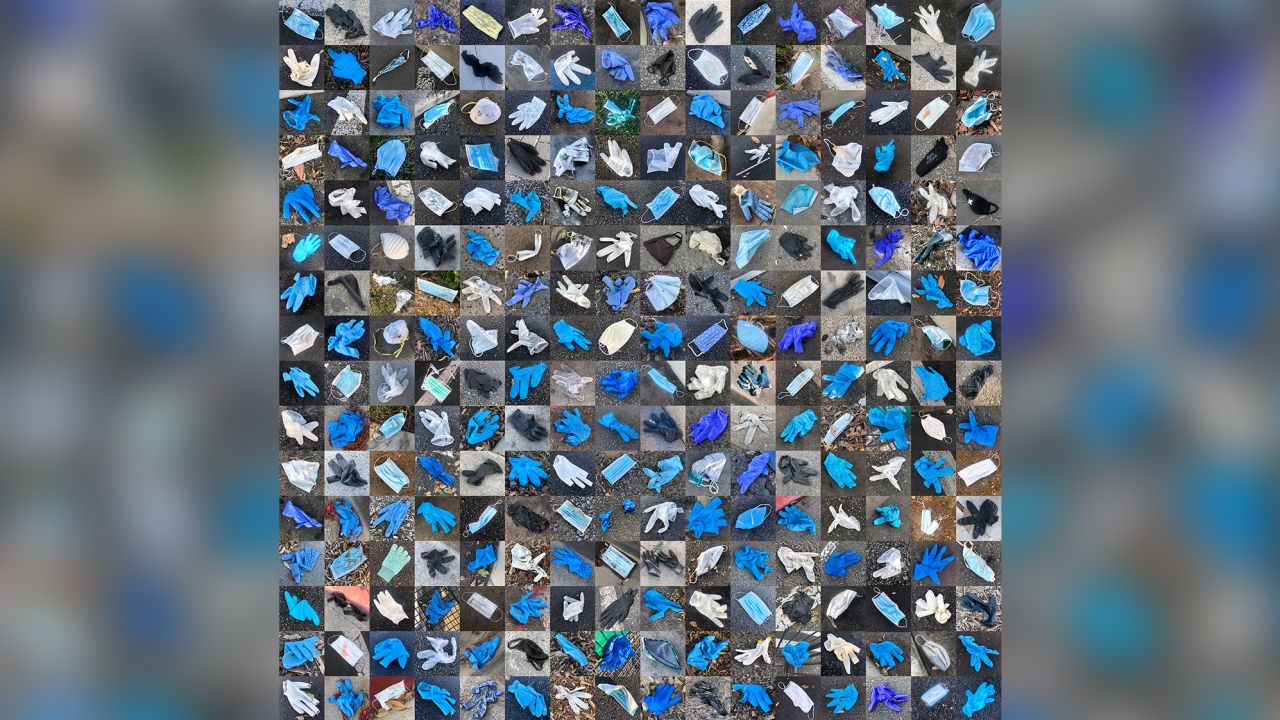 Janis Jones has walked her neighborhood every day since the pandemic and collected more than 1,000 discarded masks and gloves so far. This collage shows 256 of them.