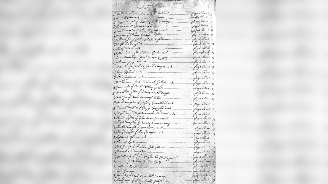 Researchers studied documents, including parish records, like this parish register from 1665, to understand how the disease spread.