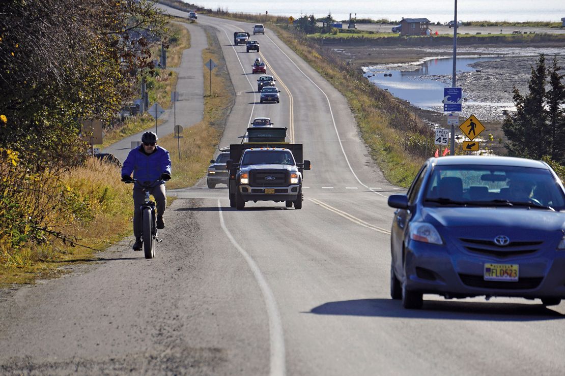 A line of traffic leaves  Homer, Alaska, after a tsunami evacuation order was issued for low-lying areas.