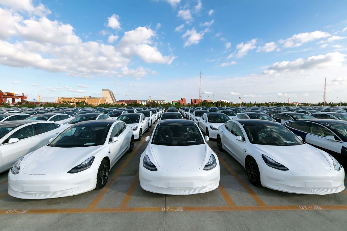 Tesla's Chinese-made Model 3 vehicles seen on Monday.