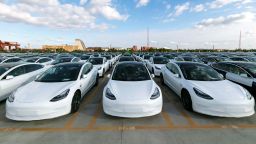 SHANGHAI, Oct. 19, 2020 -- Photo taken on Oct. 19, 2020 shows the Tesla China-made Model 3 vehicles which will be exported to Europe at Waigaoqiao port in Shanghai, east China, Oct. 19, 2020. U.S. carmaker Tesla announced on Monday that it would export the made-in-China Model 3 to Europe, marking another important milestone for its Shanghai Gigafactory. The first batch of exported sedans will leave Shanghai next Tuesday and arrive at the port of Zeebrugge in Belgium at the end of November before being sold in European countries, including Germany, France, Italy, Spain, Portugal, and Switzerland. (Photo by Wang Xiang/Xinhua via Getty) (Xinhua/Wang Xiang via Getty Images)