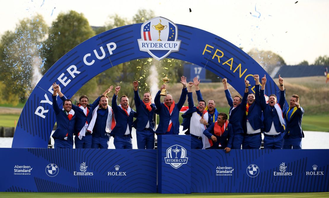 Team Europe celebrate after winning the Ryder Cup in 2018.