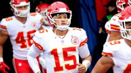 ORCHARD PARK, NEW YORK - OCTOBER 19:  Patrick Mahomes #15 of the Kansas City Chiefs comes out onto the field prior to the game against the Buffalo Bills at Bills Stadium on October 19, 2020 in Orchard Park, New York. (Photo by Bryan M. Bennett/Getty Images)