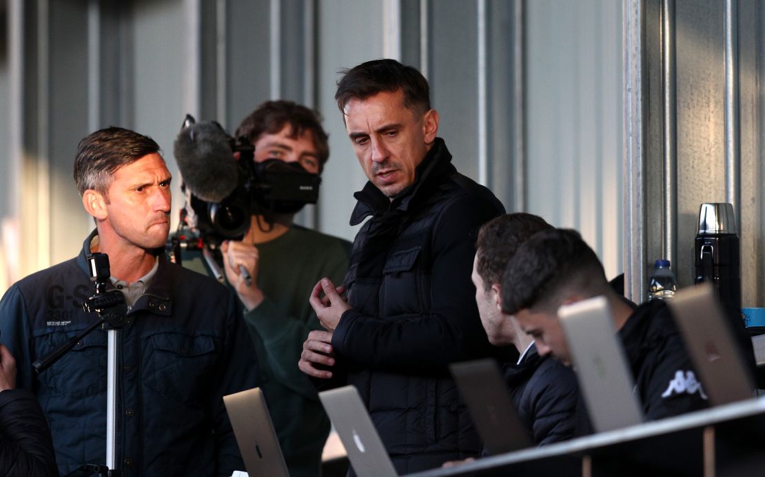 Gary Neville looks on during the EFL Trophy match between Salford and Manchester United U21 at The Peninsula Stadium in September.