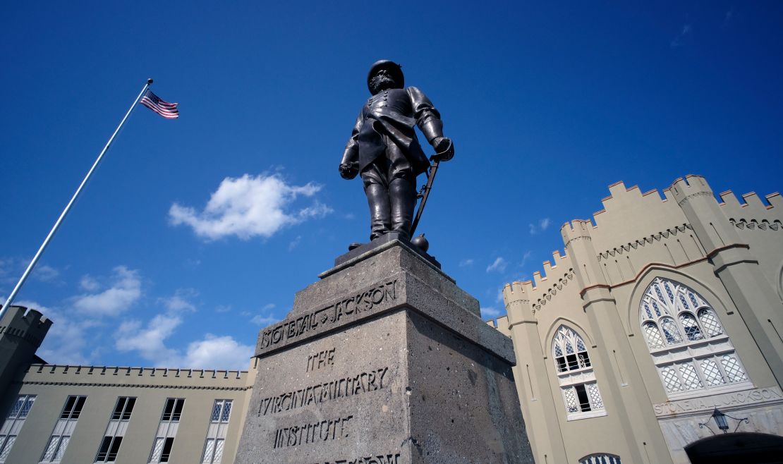 A statue of Gen. Thomas J. "Stonewall" Jackson stands in front of the VMI barracks. 