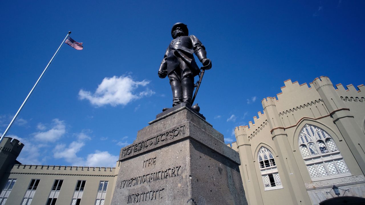 A statue of Gen. Thomas J. "Stonewall" Jackson stands in front of the VMI barracks.